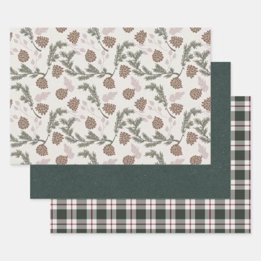 ホリデーピネコーンエバーグリーンエメラルドプラディクリスマス ラッピングペーパーシート (セット)