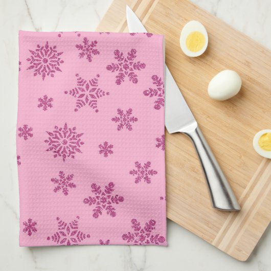 ホリデーピンクグリッタールックスノーフレーク キッチンタオル (四つ折り)