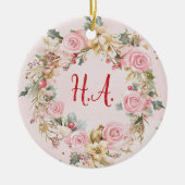 ホリデーピンクメリークリスマスリースボーカスタムクス セラミックオーナメント (正面)