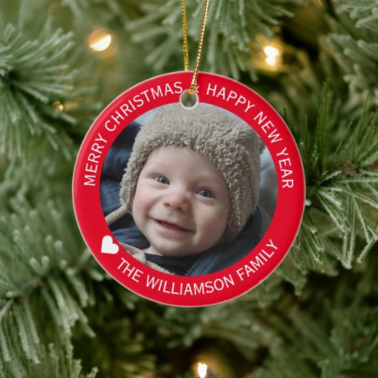 ホリデーファミリーフォトクリスマスニューイヤーレッド セラミックオーナメント (ツリー)