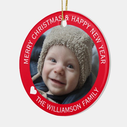 ホリデーファミリーフォトクリスマスニューイヤーレッド セラミックオーナメント (左)