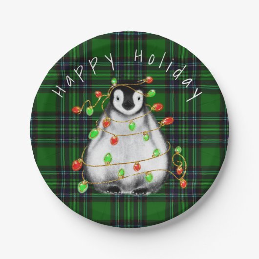 ホリデーフェスティバルペンギン、キラキラ赤い緑のライト ペーパープレート (正面)