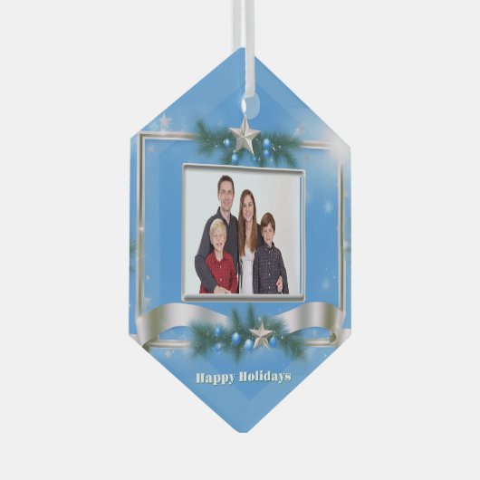 ホリデーフォトオーナメントオンブルーとシルバーフレーム ガラスオーナメント (正面右)