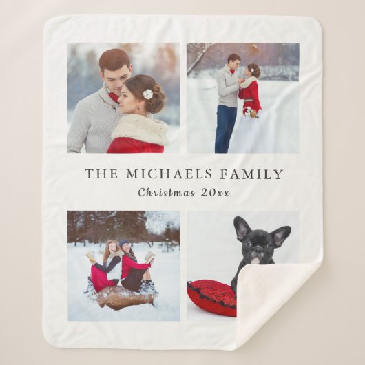 ホリデーフォトコラージュ名前の追加クリスマスフリース シェルパブランケット (正面)