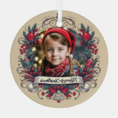 ホリデーフォトポートレートフェスティバルレッド&ティール（緑がかった色）リース ガラスオーナメント (裏面)