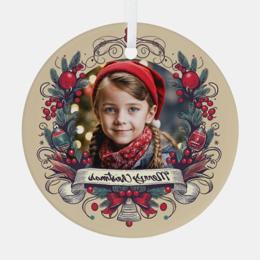 ホリデーフォトポートレートフェスティバルレッド&ティール(緑がかった色)リース ガラスオーナメント (裏面)