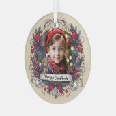 ホリデーフォトポートレートフェスティバルレッド&ティール（緑がかった色）リース ガラスオーナメント (正面左)