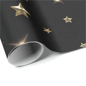 ホリデーブラックと金ゴールドフェイクメタルクリスマススターズ ラッピングペーパー (ロールコーナー)