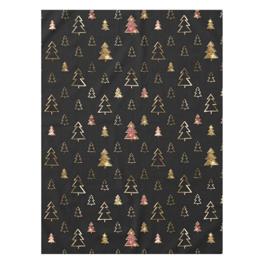 ホリデーブラックと金ゴールドフェイクメタルクリスマスツリー テーブルクロス (正面)