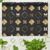 ホリデーブラックと金ゴールドメタルクリスマスジオメトリック キッチンタオル (折り畳み)