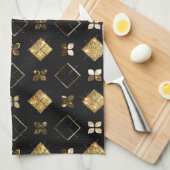 ホリデーブラックと金ゴールドメタルクリスマスジオメトリック キッチンタオル (四つ折り)