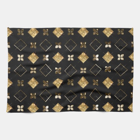 ホリデーブラックと金ゴールドメタルクリスマスジオメトリック キッチンタオル (横)
