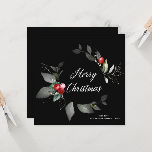 ホリデーブラックウォーターカラーホリークリスマスカード 招待状 (正面/裏面インサイチュ)