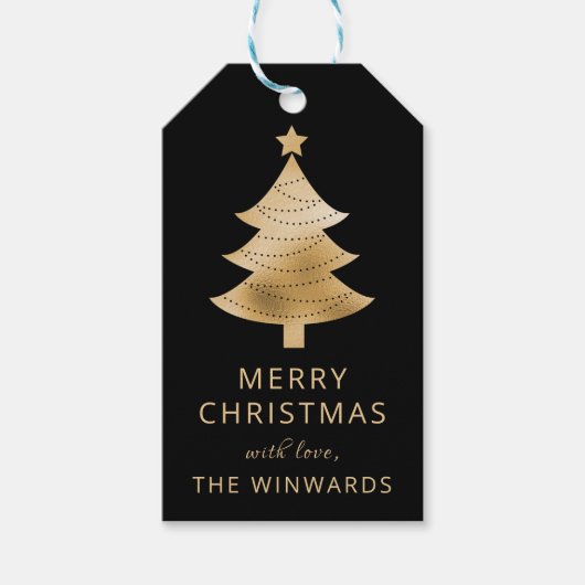 ホリデーブラック&ゴールドフォイルクリスマスツリー ギフトタグ (正面)