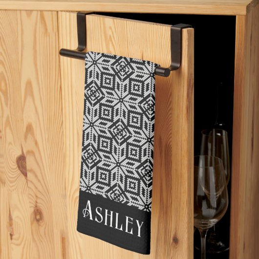 ホリデーブラック&ホワイトスカンジナビアパターン キッチンタオル (三つ折り)