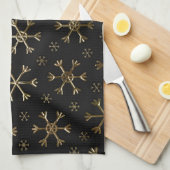 ホリデーブラック&金ゴールドメタルクリスマススノーフレーク キッチンタオル (四つ折り)