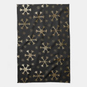 ホリデーブラック&金ゴールドメタルクリスマススノーフレーク キッチンタオル (縦)