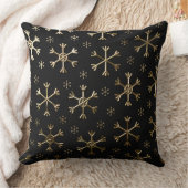 ホリデーブラック&金ゴールドメタルクリスマススノーフレーク クッション (ブランケット)