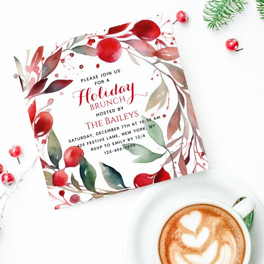 ホリデーブランチエレガントクリスマスレッドフローラリース 招待状