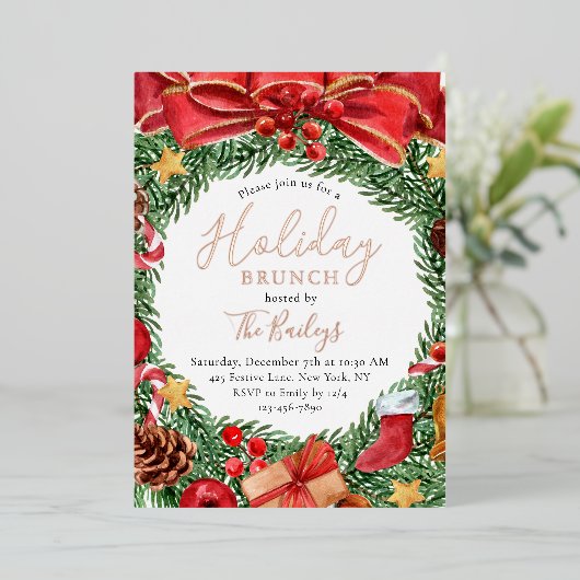 ホリデーブランチクリスマスウィンターシックフローラ 箔招待状 (立ち正面)