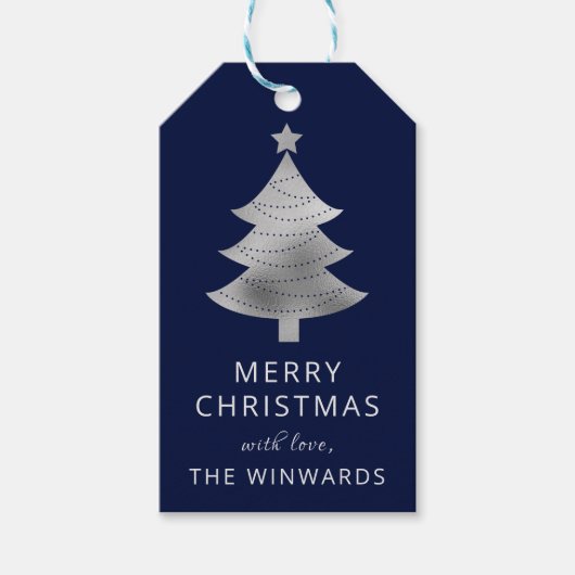 ホリデーブルーとシルバーフォイルクリスマスツリー ギフトタグ (正面)