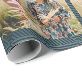 ホリデーブルージオメトリックプリントフォトクリスマス ラッピングペーパー