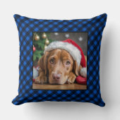 ホリデーブループレイドペットドッグパーソナライズされた写真 クッション (正面)