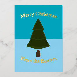 ホリデーブルー - クリスマスツリー ミニマリスト 箔シーズンカード