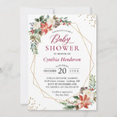 ホリデーベビーシャワークリスマスポインセチアフローラ金ゴールド 招待状 (正面)