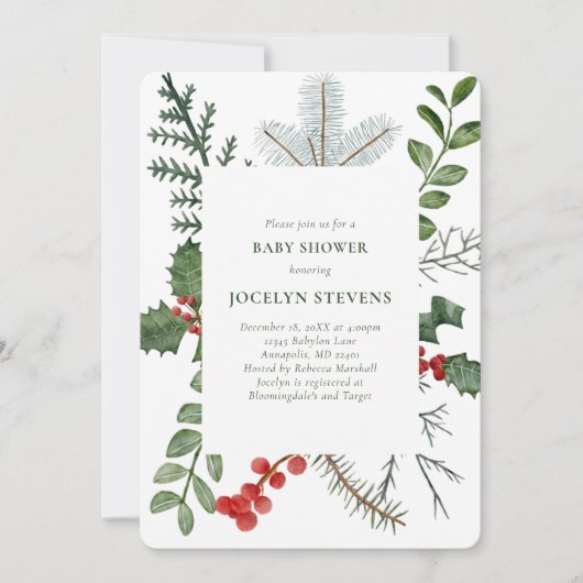 ホリデーベビーシャワー招待状、クリスマスリース 招待状 (正面)