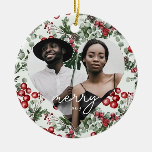ホリデーベリーと緑のハート写真 セラミックオーナメント (正面)