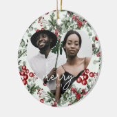 ホリデーベリーと緑のハート写真 セラミックオーナメント (左)