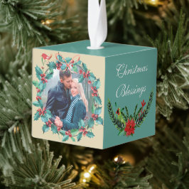 ホリデーベリーリースポインセチア写真テンプレート キューブオーナメント