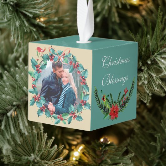 ホリデーベリーリースポインセチア写真テンプレート キューブオーナメント (ツリー)