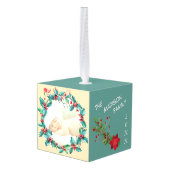 ホリデーベリーリースポインセチア写真テンプレート キューブオーナメント (裏面アングル)