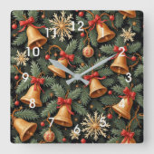 ホリデーベル、装飾的なクリスマスパターン、 スクエア壁時計 (正面)
