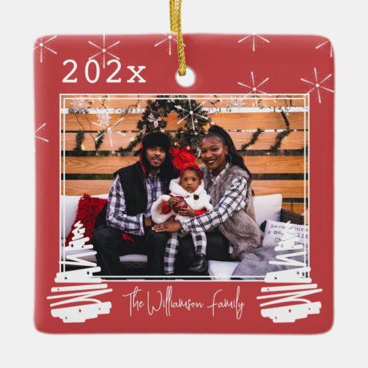 ホリデーペット両面クリスマスツリーファミリーフォト セラミックオーナメント (正面)