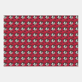 ホリデーペンハーツとアマリリスのフローラルパターン ラッピングペーパーシート