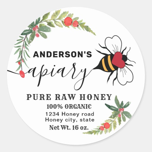 ホリデーホリーのスクリプトapiary honey jar ラウンドシール (正面)