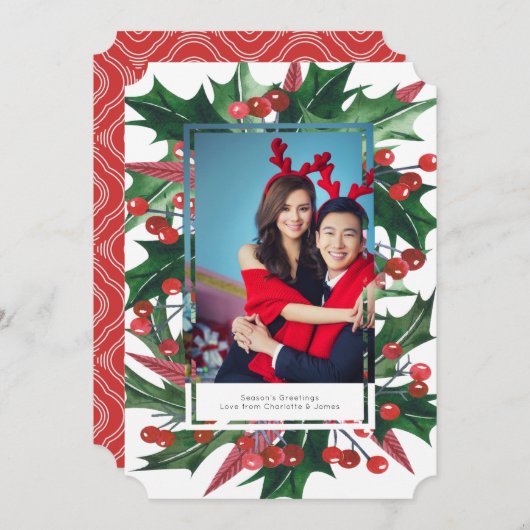 ホリデーホリーフォトフレームパーソナライズされた シーズンカード (正面/裏面)