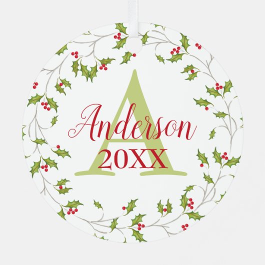 ホリデーホリーモノグラムパーソナライズされた写真 メタルオーナメント (裏面)