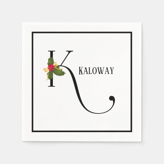 ホリデーホリーモノグラムレターケートイパーソナライズされた紙 スタンダードカクテルナプキン (正面)