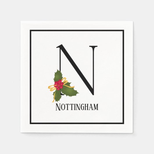 ホリデーホリーモノグラムレターノパーソナライズされた紙 スタンダードカクテルナプキン (正面)