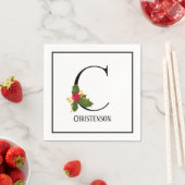 ホリデーホリーモノグラムレターCパーソナライズされた紙 スタンダードカクテルナプキン (インサイチュ)