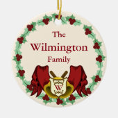 ホリデーホリーリース&ベルズモノグラムファミリー名 セラミックオーナメント (正面)