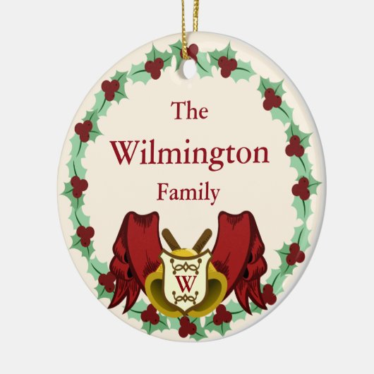 ホリデーホリーリース&ベルズモノグラムファミリー名 セラミックオーナメント (左)