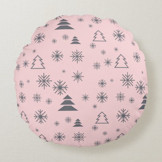 ホリデーホワイトスノーフレークスクリスマスツリーズモダン ラウンドクッション (正面)