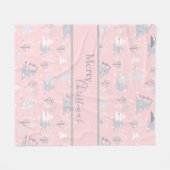 ホリデーホワイトスノーフレークスメリークリスマスツリー フリースブランケット (正面(横))