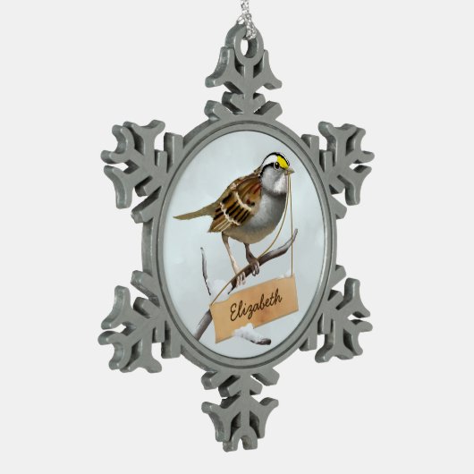 ホリデーホワイトスロートカスタマイズスパロー名 スノーフレークピューターオーナメント (左)