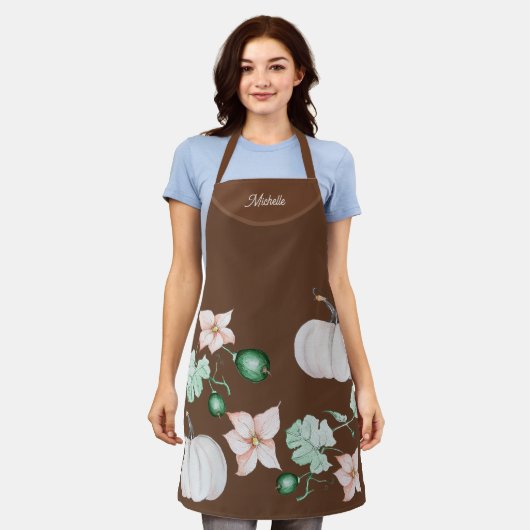 ホリデーホワイトパンプキンウォーターカラーアートパターン エプロン (着用した状態)